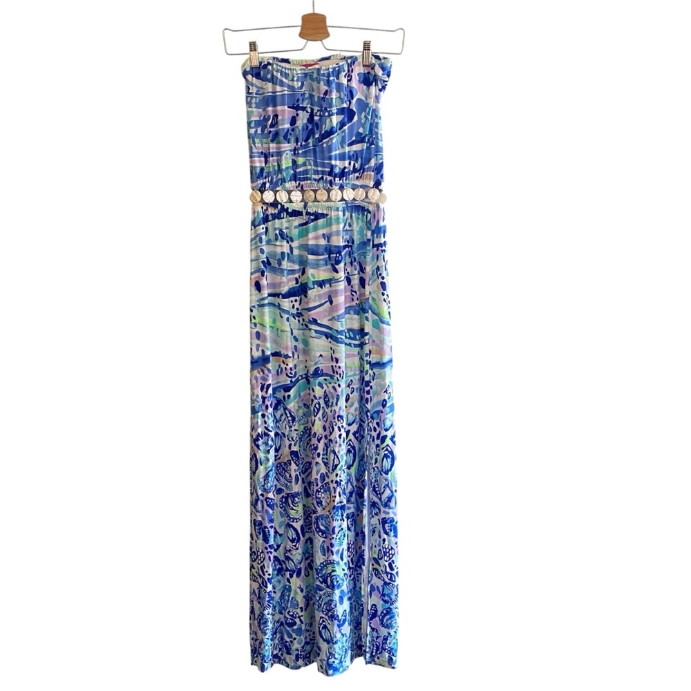 Lilly Pulitzer Mika Strapless Maxi Dress Chasing Waves Engineered Blue Current - Picture 3 of 8